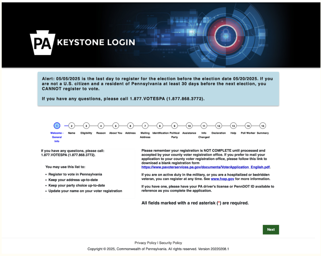 Figure 2: Image of Voter Registration Through the Keystone Login service, Accessed 5/14/25
